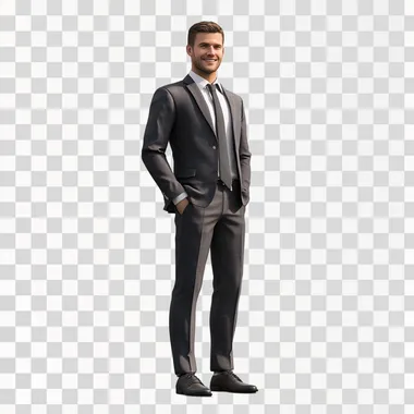 Short haired man standing, smiling, he is wearing a suit. Full body. White background, Unreal Engine Style, Photorealistic but 3d model effect is visible. Higher camera angle
