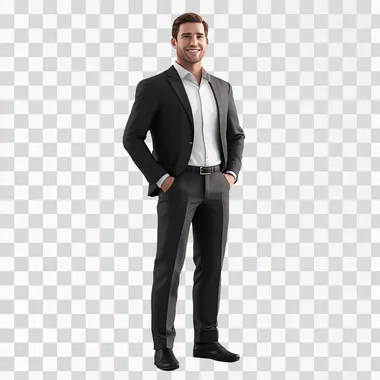 Short haired man standing, smiling, he is wearing a suit. Full body. White background, Unreal Engine Style, Photorealistic but 3d model effect is visible. Higher camera angle
