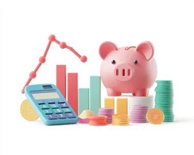 3D illustration of a piggy bank, calculator, coins, and a bar graph showing financial success, investment, and savings. Isolated on White Background, clipping path