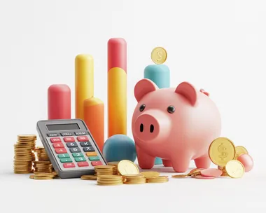 3D illustration of a piggy bank, calculator, coins, and a bar graph showing financial success, investment, and savings. Isolated on White Background, clipping path