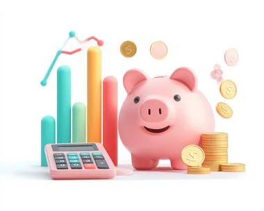 3D illustration of a piggy bank, calculator, coins, and a bar graph showing financial success, investment, and savings. Isolated on White Background, clipping path
