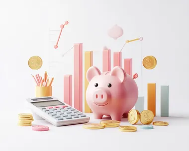 3D illustration of a piggy bank, calculator, coins, and a bar graph showing financial success, investment, and savings. Isolated on White Background, clipping path