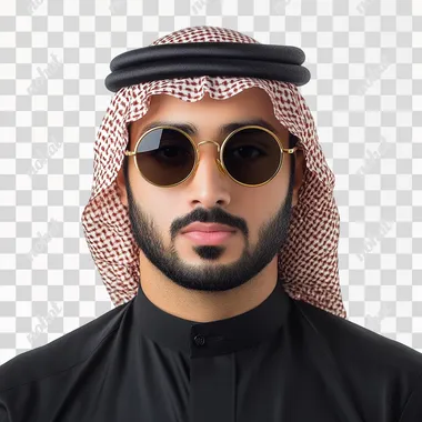 genZ saudi male portrait on white background wearing round gold sunglasses