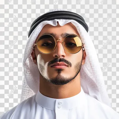 genZ saudi male portrait on white background wearing round gold sunglasses