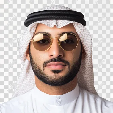 genZ saudi male portrait on white background wearing round gold sunglasses