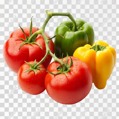 tomatoes and bell peppers, white background, realistic photo