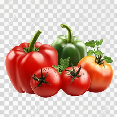 tomatoes and bell peppers, white background, realistic photo