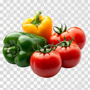 tomatoes and bell peppers, white background, realistic photo