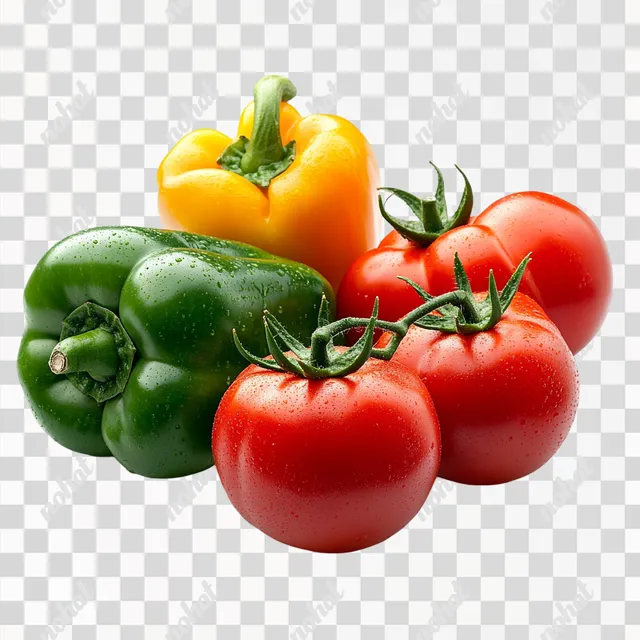 PNG Fresh tomatoes and bell peppers from the garden on a white backdrop