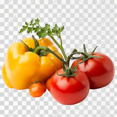 tomatoes and bell peppers, white background, realistic photo