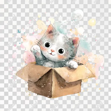 watercolor painting Cute kitten character, playing in cardboard box, white background Illustration on simple line art style , cute pastel color theme, isolated on white background, watercolor texture