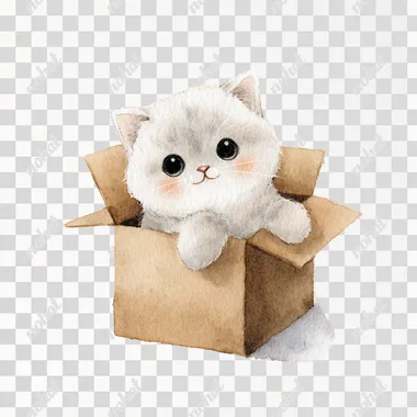 watercolor painting Cute kitten character, playing in cardboard box, white background Illustration on simple line art style , cute pastel color theme, isolated on white background, watercolor texture