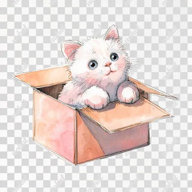 watercolor painting Cute kitten character, playing in cardboard box, white background Illustration on simple line art style , cute pastel color theme, isolated on white background, watercolor texture