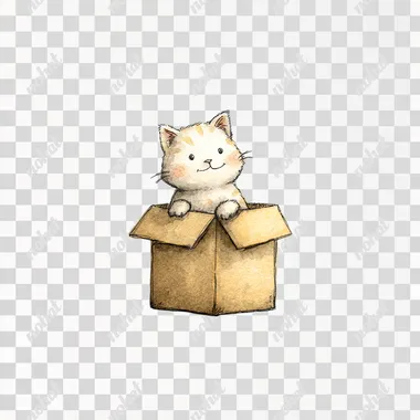 watercolor painting Cute kitten character, playing in cardboard box, white background Illustration on simple line art style , cute pastel color theme, isolated on white background, watercolor texture
