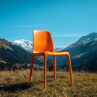 An orange chair placed on an alpine meadow, a designer chair, with a blue sky in the background, simple composition, upward angle of view, environmental protection concept, advertising picture, poster picture, taken with Leica