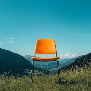An orange chair placed on an alpine meadow, a designer chair, with a blue sky in the background, simple composition, upward angle of view, environmental protection concept, advertising picture, poster picture, taken with Leica