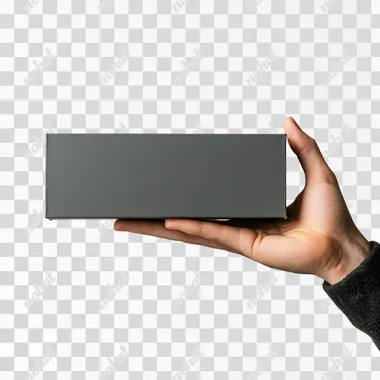Actual image of a hand holding a rectangular gray box, artistic photography style to present the box itself, light background, side box view