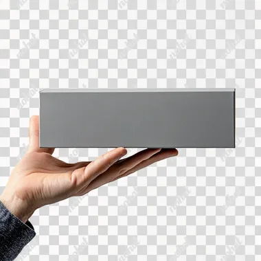Actual image of a hand holding a rectangular gray box, artistic photography style to present the box itself, light background, side box view
