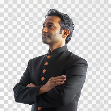 a 40 yr old rich southasian man standind with her hands crossed and a 60 deegree on left profile and the baground is white .UHD, Hyper Realistic, High Resolution Photograph, Cinematic