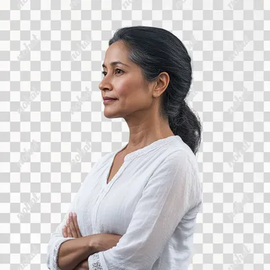 a 40 yr old rich southasian man standind with her hands crossed and a 60 deegree on left profile and the baground is white .UHD, Hyper Realistic, High Resolution Photograph, Cinematic