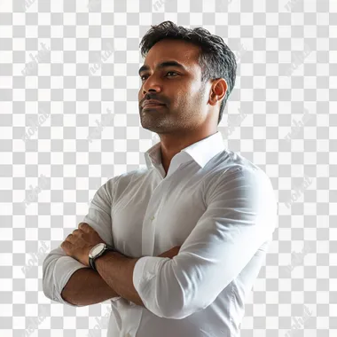 a 40 yr old rich southasian man standind with her hands crossed and a 60 deegree on left profile and the baground is white .UHD, Hyper Realistic, High Resolution Photograph, Cinematic