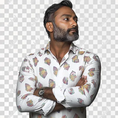 a 40 yr old rich southasian man standind with her hands crossed and a 60 deegree on left profile and the baground is white .UHD, Hyper Realistic, High Resolution Photograph, Cinematic