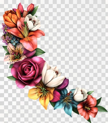 Photorealistic 3d floral corner border with roses, peonies, lilies, tulips, and daisies on a white background. The flowers should appear in vibrant shades of pink, red, orange, yellow, green, blue, and purple, with beige accents. The image should feature fine details and textures typical of real flowers, with a natural, lifelike appearance, as if captured by a high-resolution camera, ensuring a colorful and diverse arrangement.