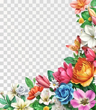 Photorealistic 3d floral corner border with roses, peonies, lilies, tulips, and daisies on a white background. The flowers should appear in vibrant shades of pink, red, orange, yellow, green, blue, and purple, with beige accents. The image should feature fine details and textures typical of real flowers, with a natural, lifelike appearance, as if captured by a high-resolution camera, ensuring a colorful and diverse arrangement.