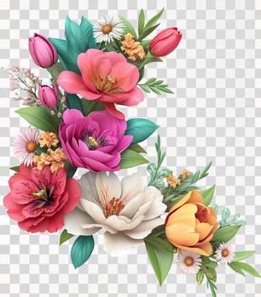 Photorealistic 3d floral corner border with roses, peonies, lilies, tulips, and daisies on a white background. The flowers should appear in vibrant shades of pink, red, orange, yellow, green, blue, and purple, with beige accents. The image should feature fine details and textures typical of real flowers, with a natural, lifelike appearance, as if captured by a high-resolution camera, ensuring a colorful and diverse arrangement.