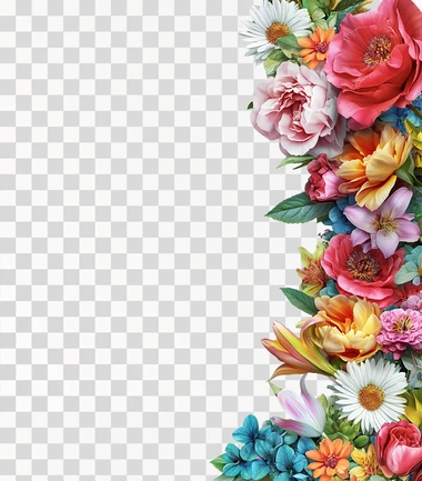 Photorealistic 3d floral corner border with roses, peonies, lilies, tulips, and daisies on a white background. The flowers should appear in vibrant shades of pink, red, orange, yellow, green, blue, and purple, with beige accents. The image should feature fine details and textures typical of real flowers, with a natural, lifelike appearance, as if captured by a high-resolution camera, ensuring a colorful and diverse arrangement.
