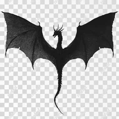 simple black dragon sillhoute from the top view of him flying and his wings are spread. simple and symmetical. you can only see the back of his back and his horns. birds eye view of the dragon. one dragon only
