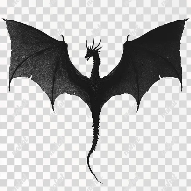 PNG Top View of a Simple Black Dragon Silhouette in Flight Over Mountains