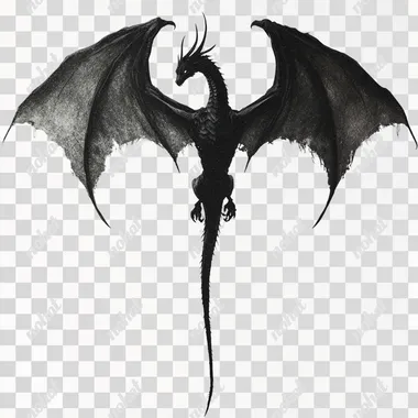 simple black dragon sillhoute from the top view of him flying and his wings are spread. simple and symmetical. you can only see the back of his back and his horns. birds eye view of the dragon. one dragon only