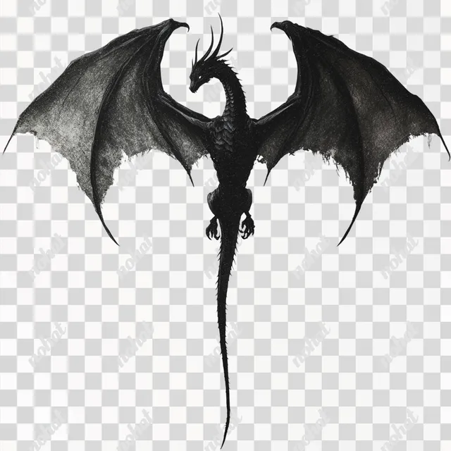 PNG Top View Black Dragon Silhouette Flying Over Fantasy Landscape