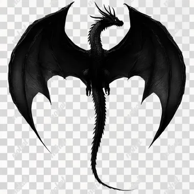simple black dragon sillhoute from the top view of him flying and his wings are spread. simple and symmetical. you can only see the back of his back and his horns. birds eye view of the dragon. one dragon only