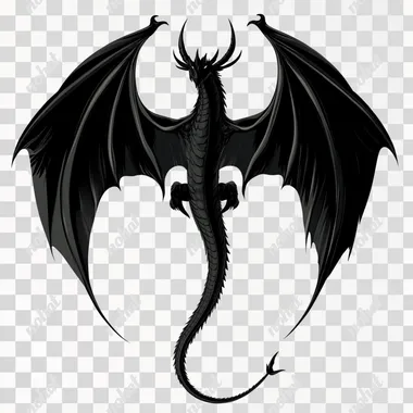 simple black dragon sillhoute from the top view of him flying and his wings are spread. simple and symmetical. you can only see the back of his back and his horns. birds eye view of the dragon. one dragon only