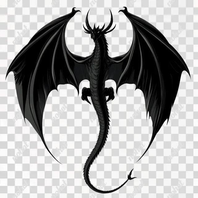 PNG Black Dragon Silhouette Flying Over Fantasy Landscape from Above
