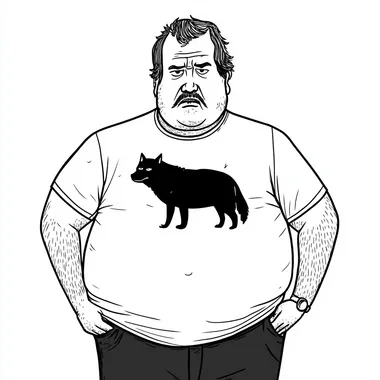 An illustration of a fat unhealthy man wearing a black wolf t-shirt On a white background