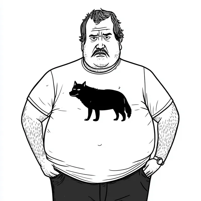 Illustration of overweight man from urban area in black wolf t-shirt