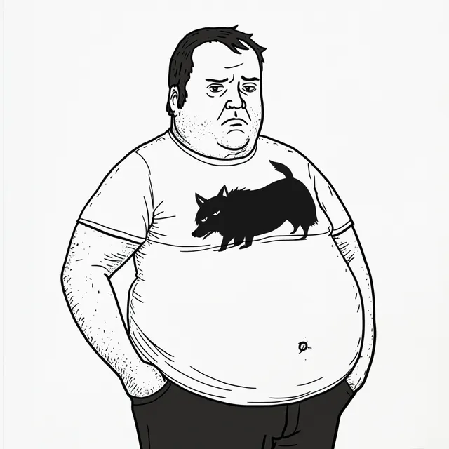 Illustration of a fat man with a cat on his stomach in a home setting