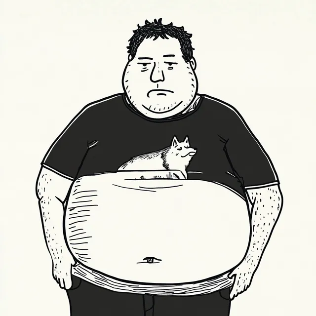 Illustration of a man with a cat on his stomach in a bedroom setting