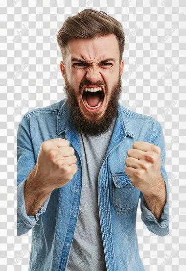 An aggressive bearded man in casual clothes shouts at camera, shows his teeth and holds fingers in tight fists. Aggression and attacking. Negative reaction. Shouting man, isolated on white background.
