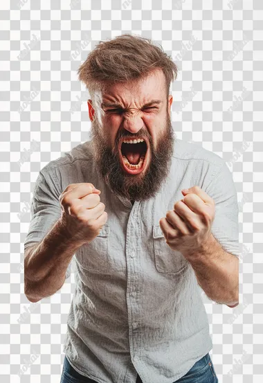 An aggressive bearded man in casual clothes shouts at camera, shows his teeth and holds fingers in tight fists. Aggression and attacking. Negative reaction. Shouting man, isolated on white background.