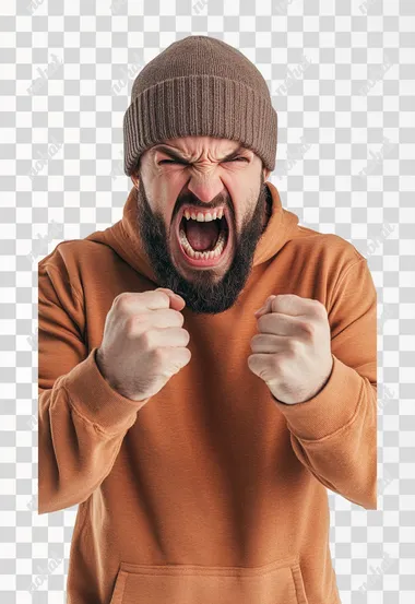 An aggressive bearded man in casual clothes shouts at camera, shows his teeth and holds fingers in tight fists. Aggression and attacking. Negative reaction. Shouting man, isolated on white background.