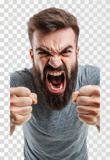 An aggressive bearded man in casual clothes shouts at camera, shows his teeth and holds fingers in tight fists. Aggression and attacking. Negative reaction. Shouting man, isolated on white background.