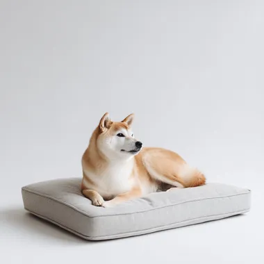 A Shiba Inu lying on a big grey memory foam dog bed, pure white background, commercial photography, side view   gyq4tau