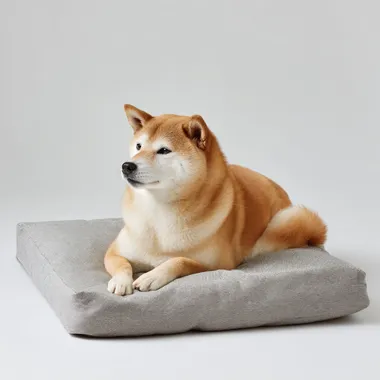 A Shiba Inu lying on a big grey memory foam dog bed, pure white background, commercial photography, side view   gyq4tau