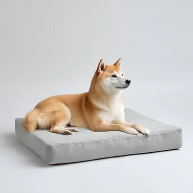 A Shiba Inu lying on a big grey memory foam dog bed, pure white background, commercial photography, side view   gyq4tau