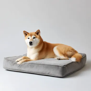 A Shiba Inu lying on a big grey memory foam dog bed, pure white background, commercial photography, side view   gyq4tau