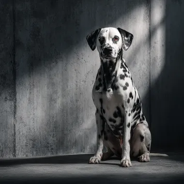 a Dalmatian dog, well-groomed, sitting, full body, expressive and energetic, in a wide minimalist modern room. High-quality lighting, sharp focus, ultra-realistic fur texture, premium pet photography style